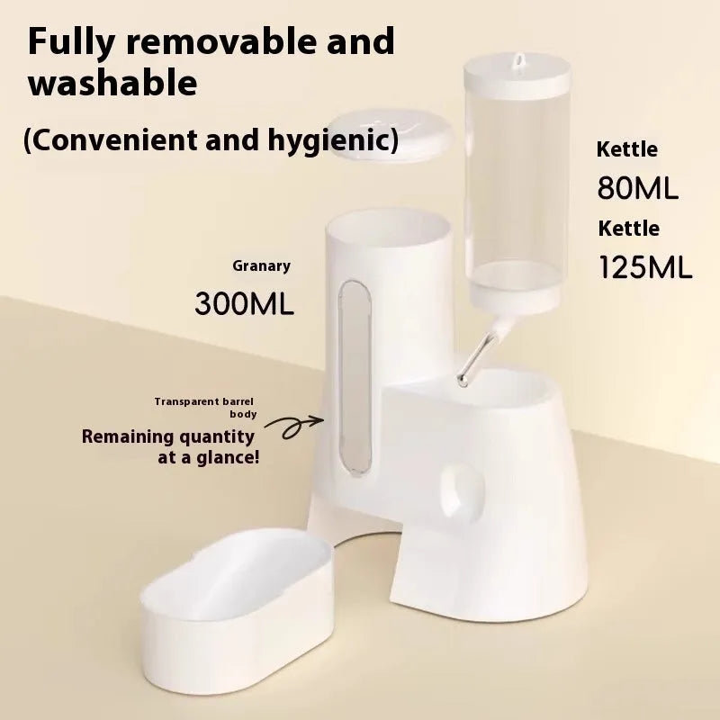 A white, blue, or pink plastic automatic water feeder and food basin for hamsters, available in large or small size.