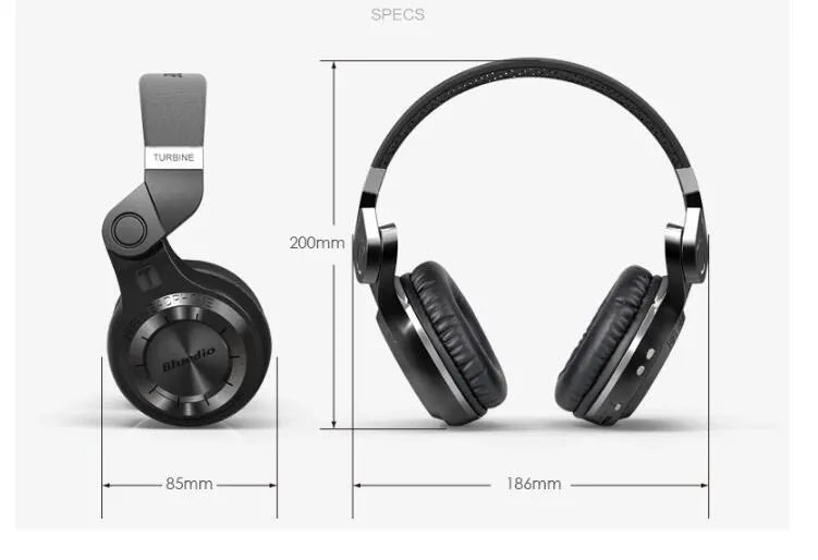 Blue String T2 black and white foldable over-ear Bluetooth headphones with a detachable cable.