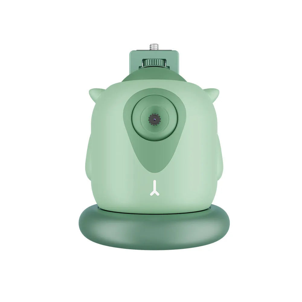 Dark green AI face recognition gimbal showing 360° rotation with smartphone mounted