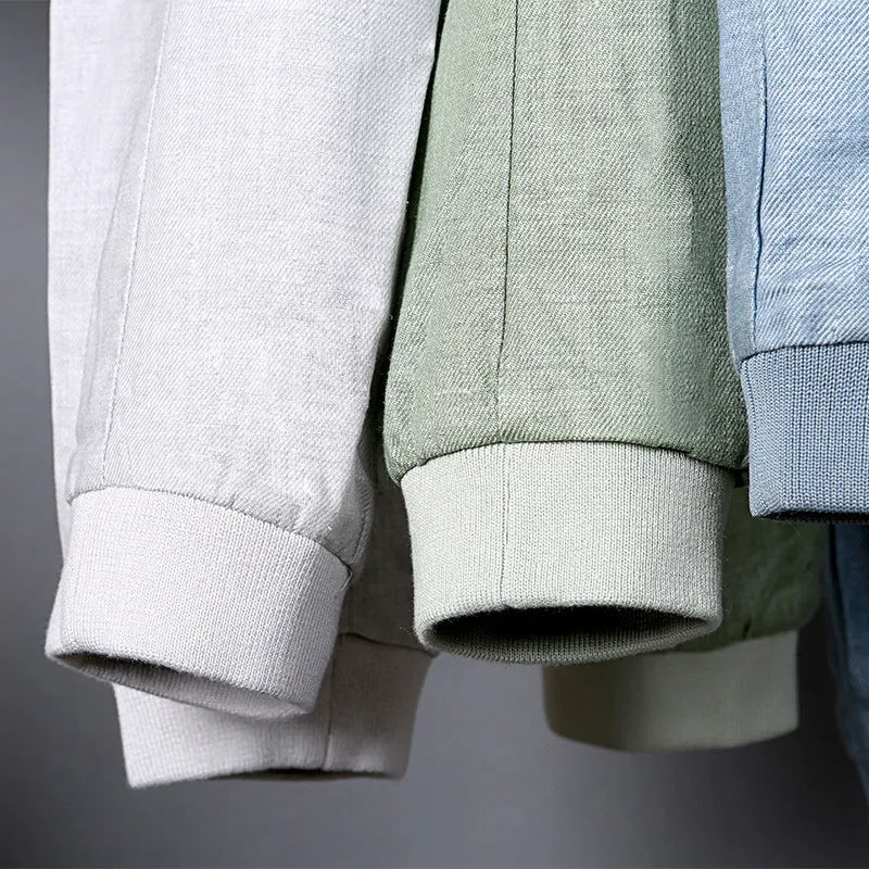 Men's thin heather grey cotton linen jacket shown on a model, regular fit for casual leisure wear.
