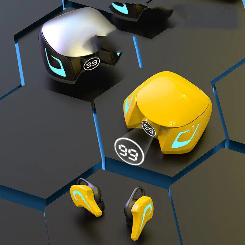 Gaming Bluetooth headset with earplug design in black, dark grey, or yellow colours