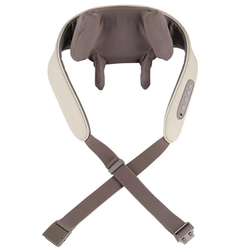 Creamy white rechargeable shoulder and neck massager with kneading function and infrared physiotherapy.