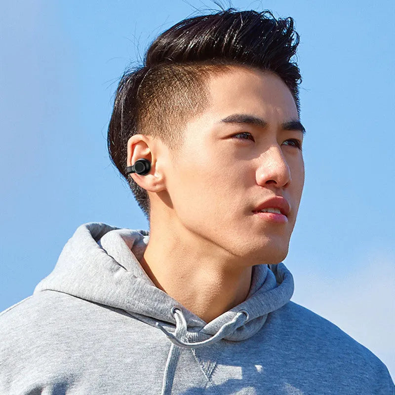 Wireless clip-on bone conduction Bluetooth headset in black OPP bag with charging cable.