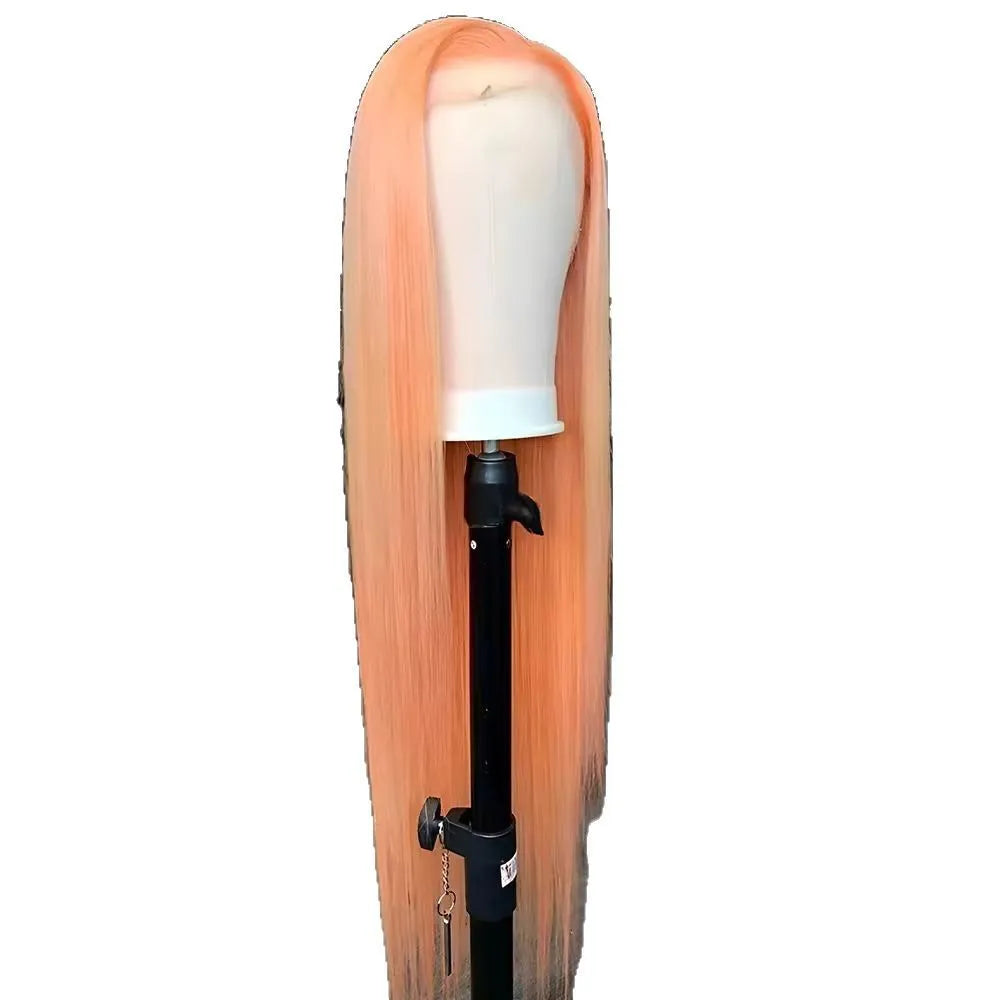 Light orange long straight front lace synthetic wig on a wig stand, showing side bangs.