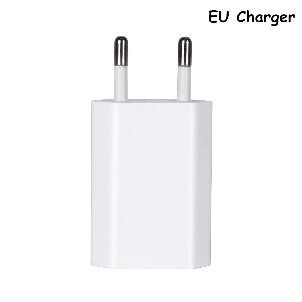 White USB wall charger and white Lightning cable for iPhone and iPad charging.
