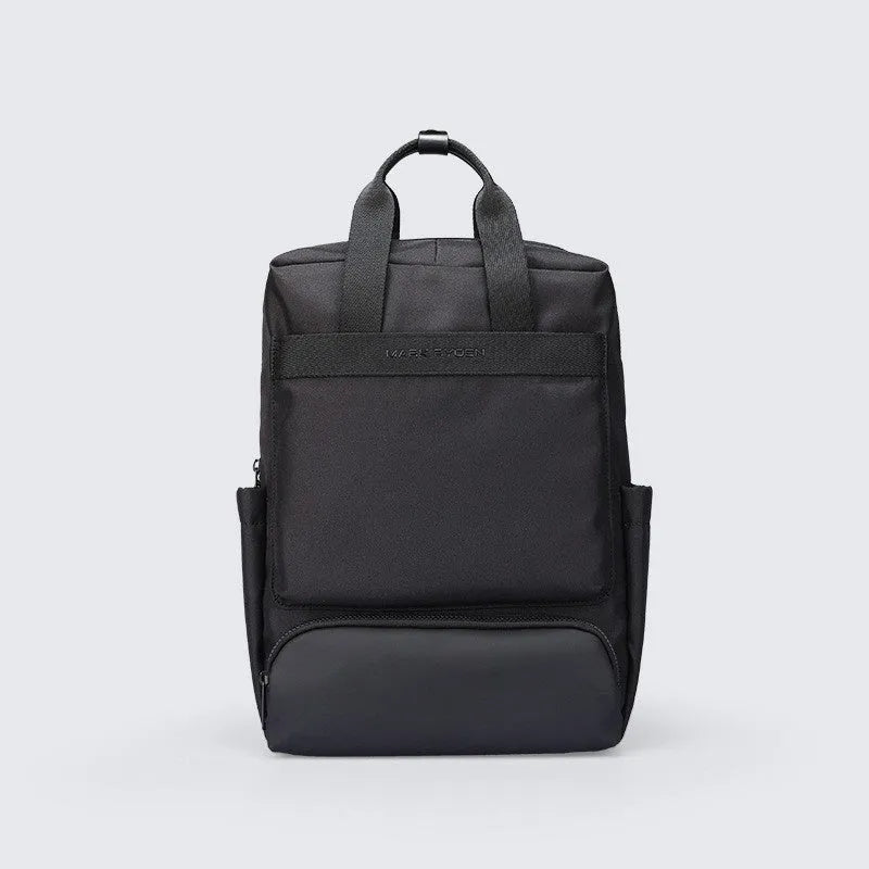 Black Oxford cloth computer backpack with 20-35L capacity showing interior polyester lining