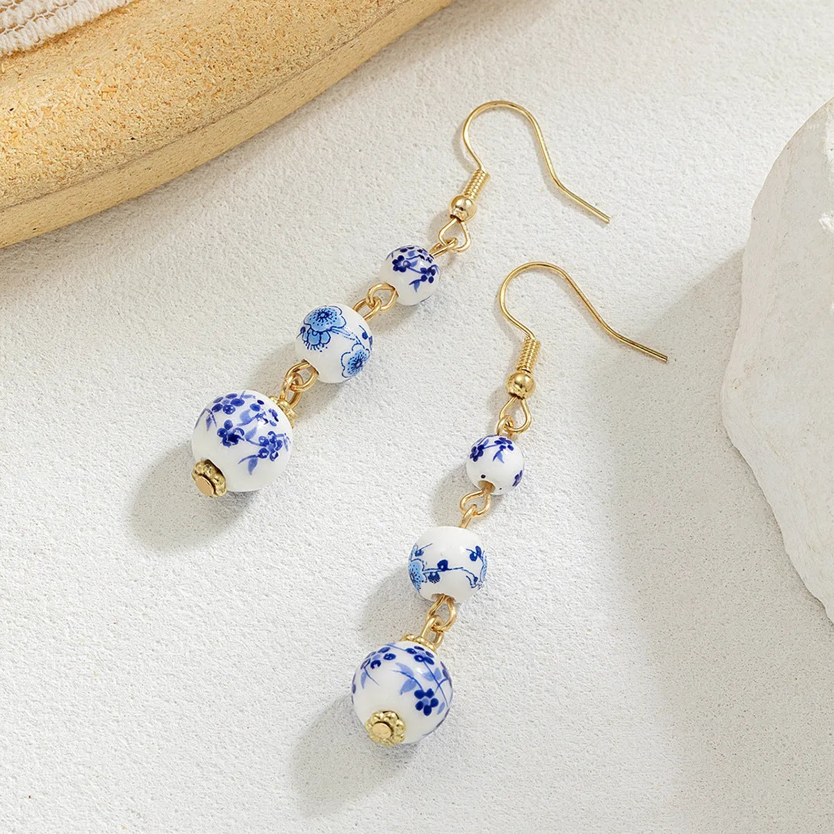Chinese blue and white porcelain ceramic bead drop earrings with geometric round design