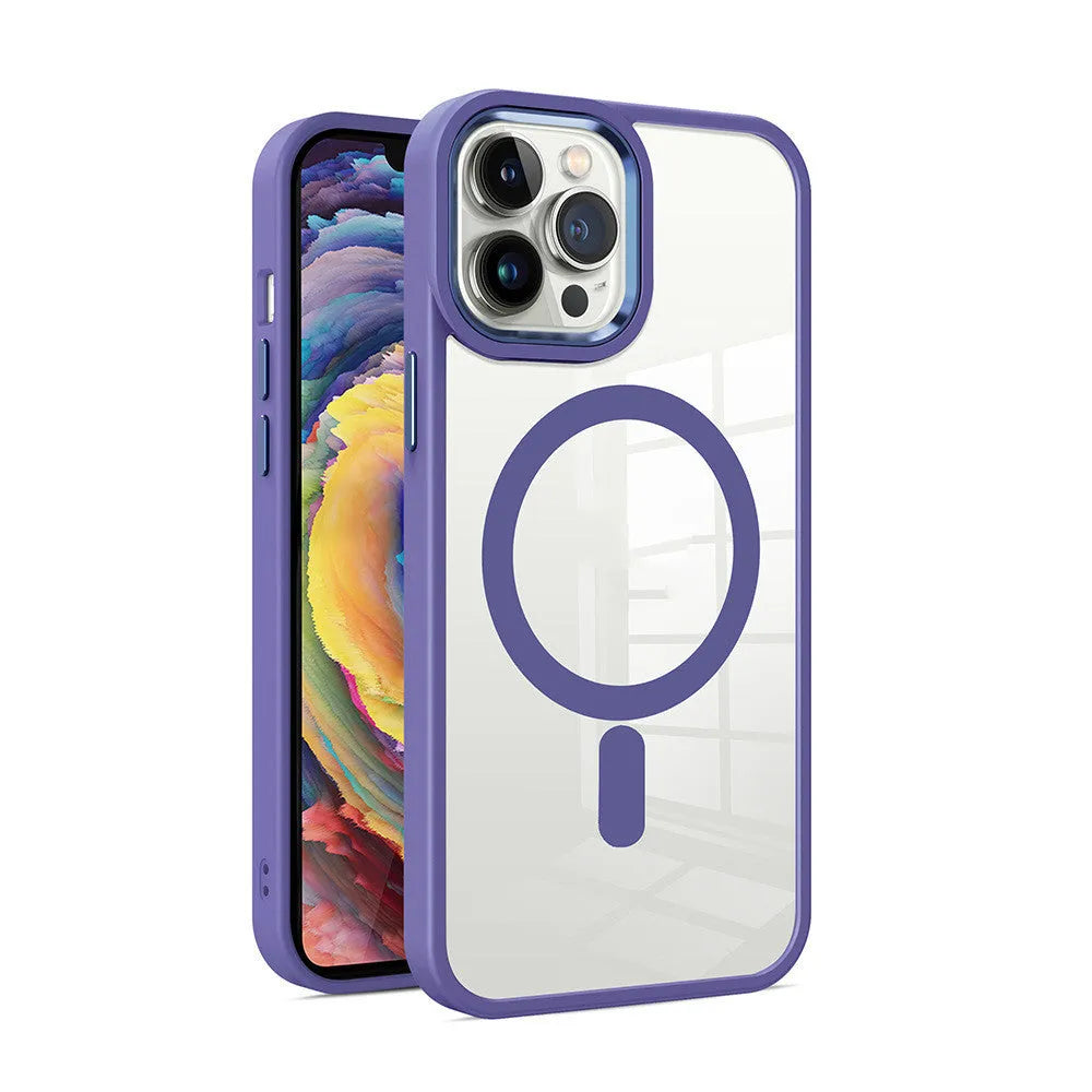 Transparent magnetic silicone phone case for iPhone on a table, showing solid colour edges.