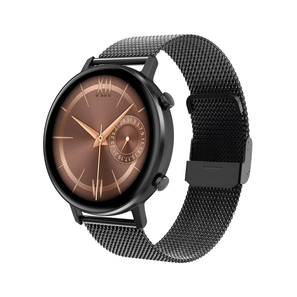 DT96 smart bracelet with steel strap on wrist, showing 1.3-inch colour screen.