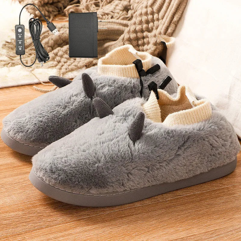 USB electric foot warmer slippers in black, grey, matcha green, and taro colours with soft velvet upper.