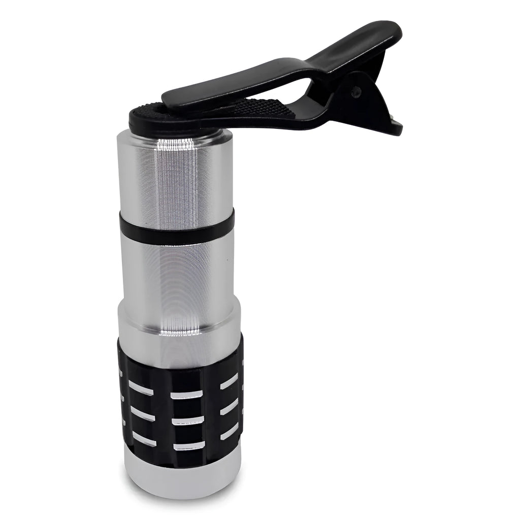 Silver telescopic lens with universal clip for attaching to smartphone for 12x zoom photography