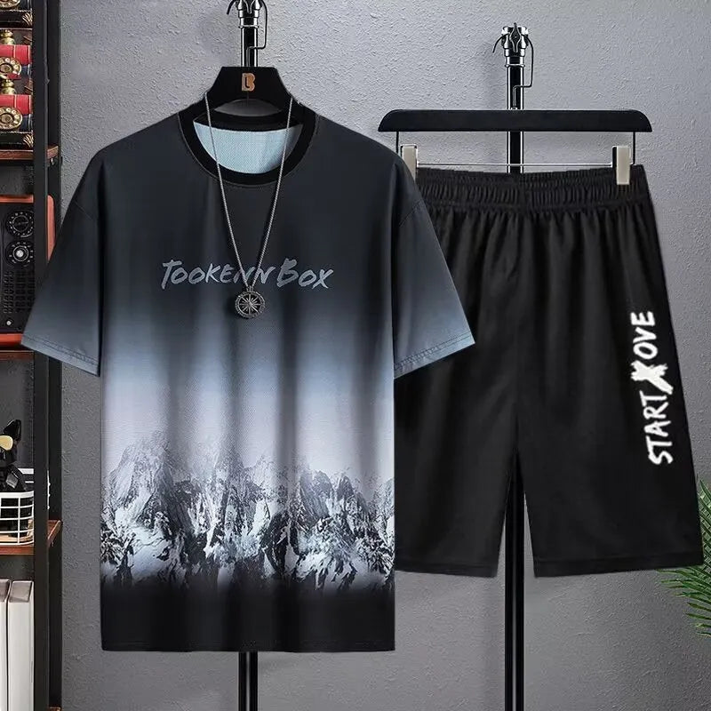 Men's light grey polyester shorts suit with short sleeves and matching shorts for summer.