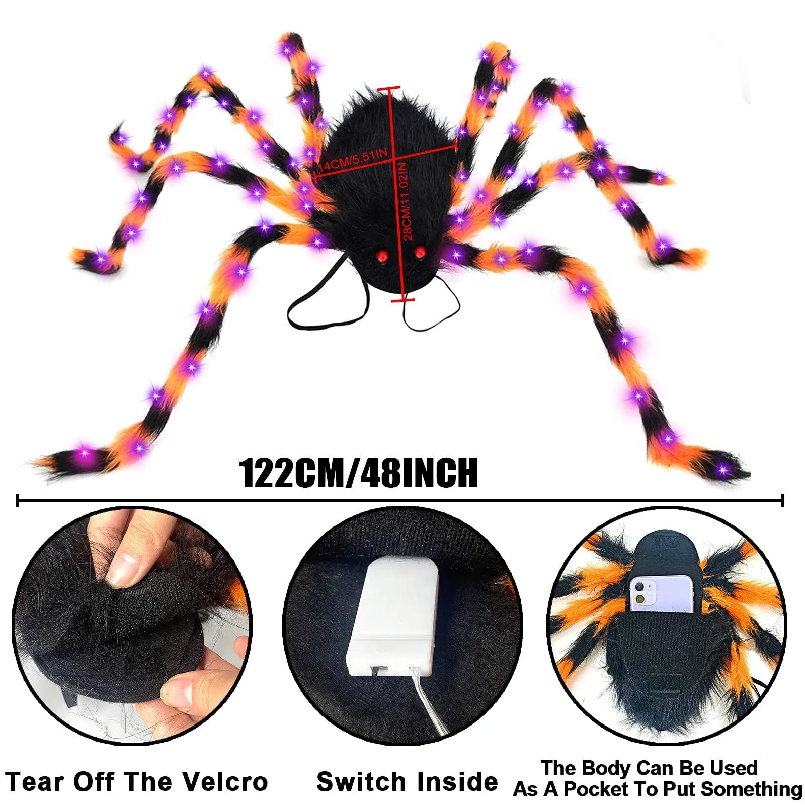 Halloween spider backpack with LED lights in plush sugar bag design showing orange colour option