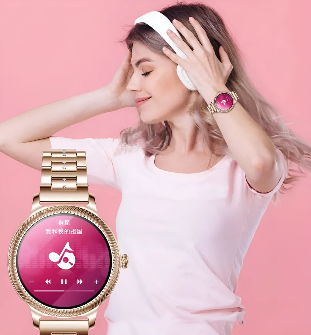 AK38 ladies smart watch with stainless steel Milanese strap and gold finish on wrist.