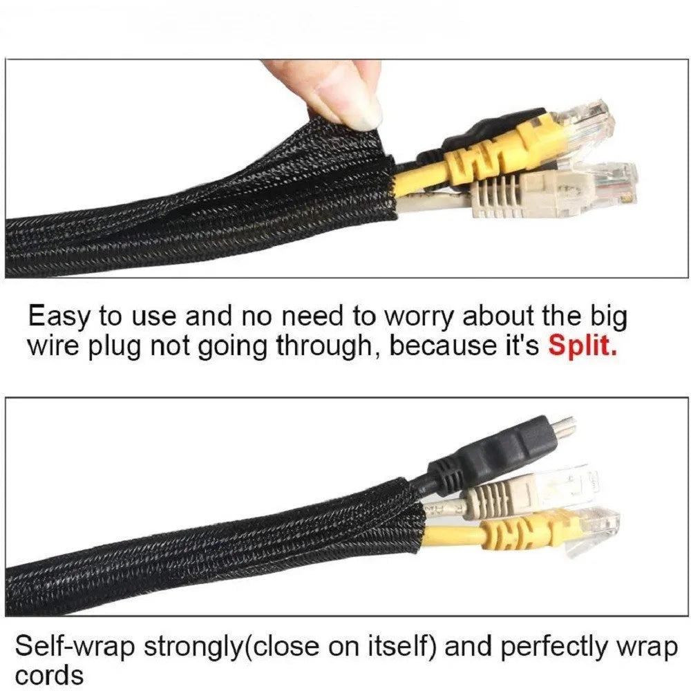Black self-winding automotive wire protector sleeve showing expandable mesh construction for cable organisation