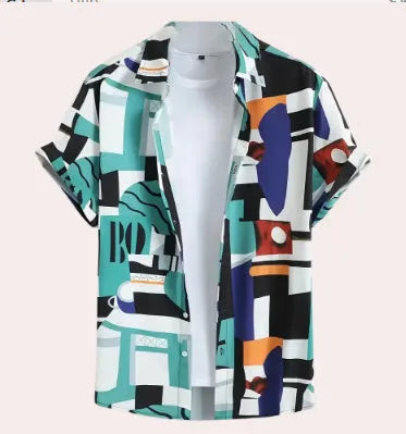 Men's grey camouflage print loose fit short sleeve casual shirt on a hanger.