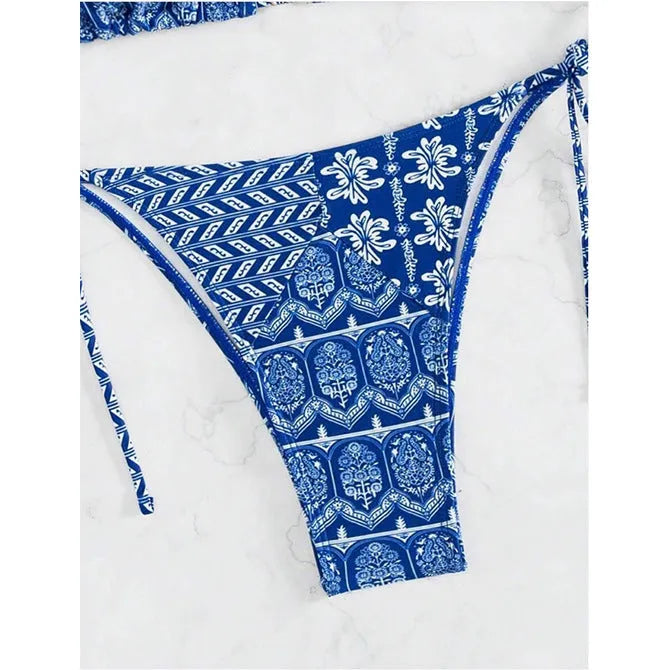 Women's split bikini swimsuit with bandage style and contrast stitching in polyester fabric