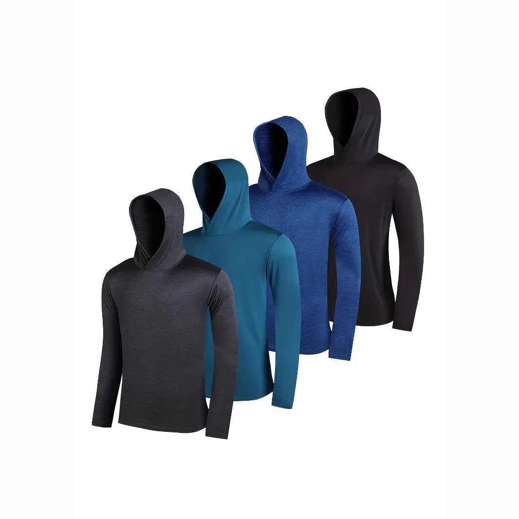 Four-pack of men's lightweight polyester hooded sweatshirts in various colours on hangers.