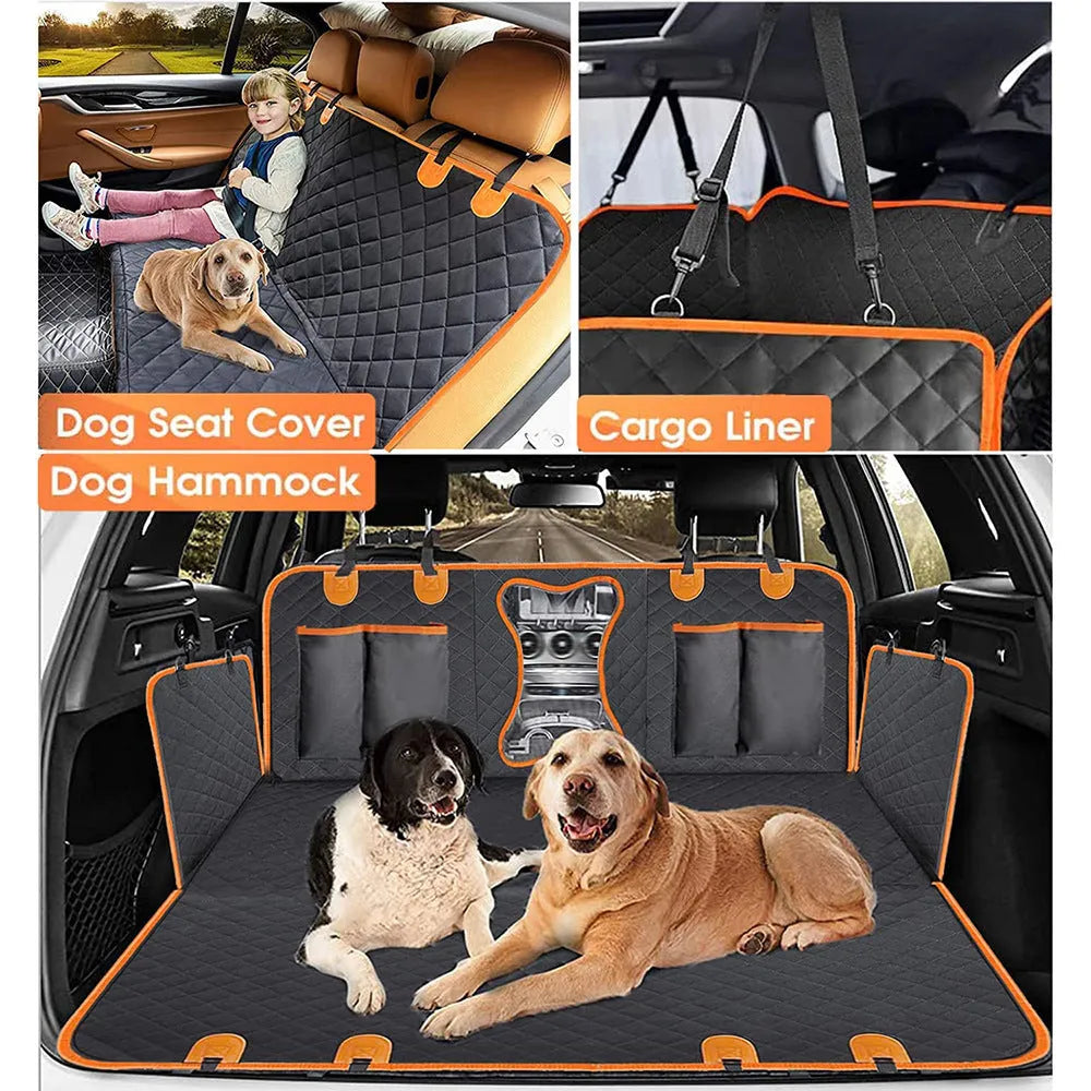 Black and orange waterproof pet car seat cover with mesh window and accessory pocket