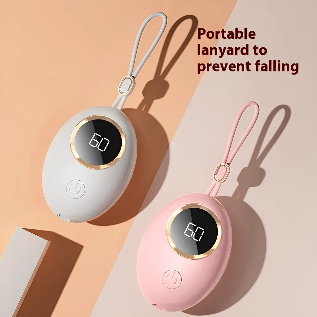 USB-powered hand warmer and power bank unit with a digital display in various colours.