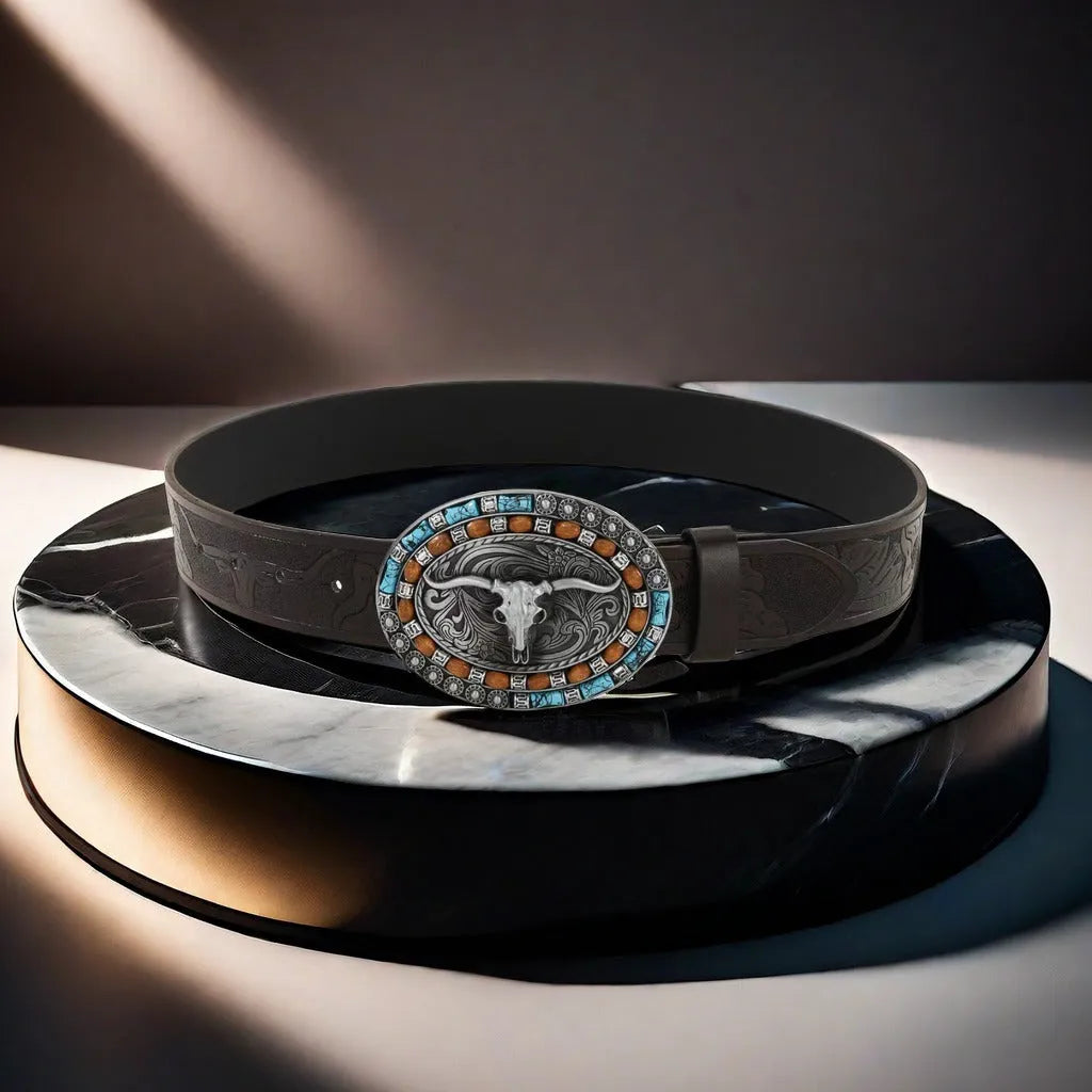 Men's black imitation leather belt with decorative alloy cow head buckle and pin buckle fastening