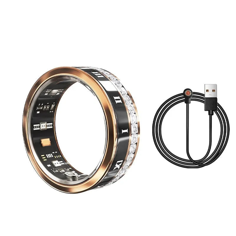 Diamond-inlaid smart ring with blood oxygen monitoring in gold and silver colour options