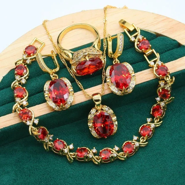 Women's full rhinestone zircon jewellery set showing necklace with snake bone chain, earrings, and ring in copper with electroplated finish