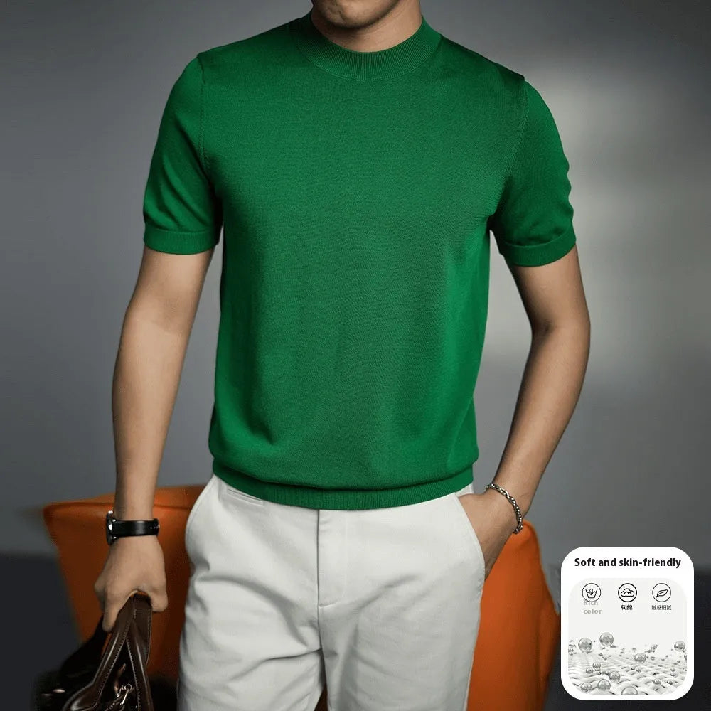 Men's knitted T-shirt with round neck and short sleeves in chemical fibre blend fabric