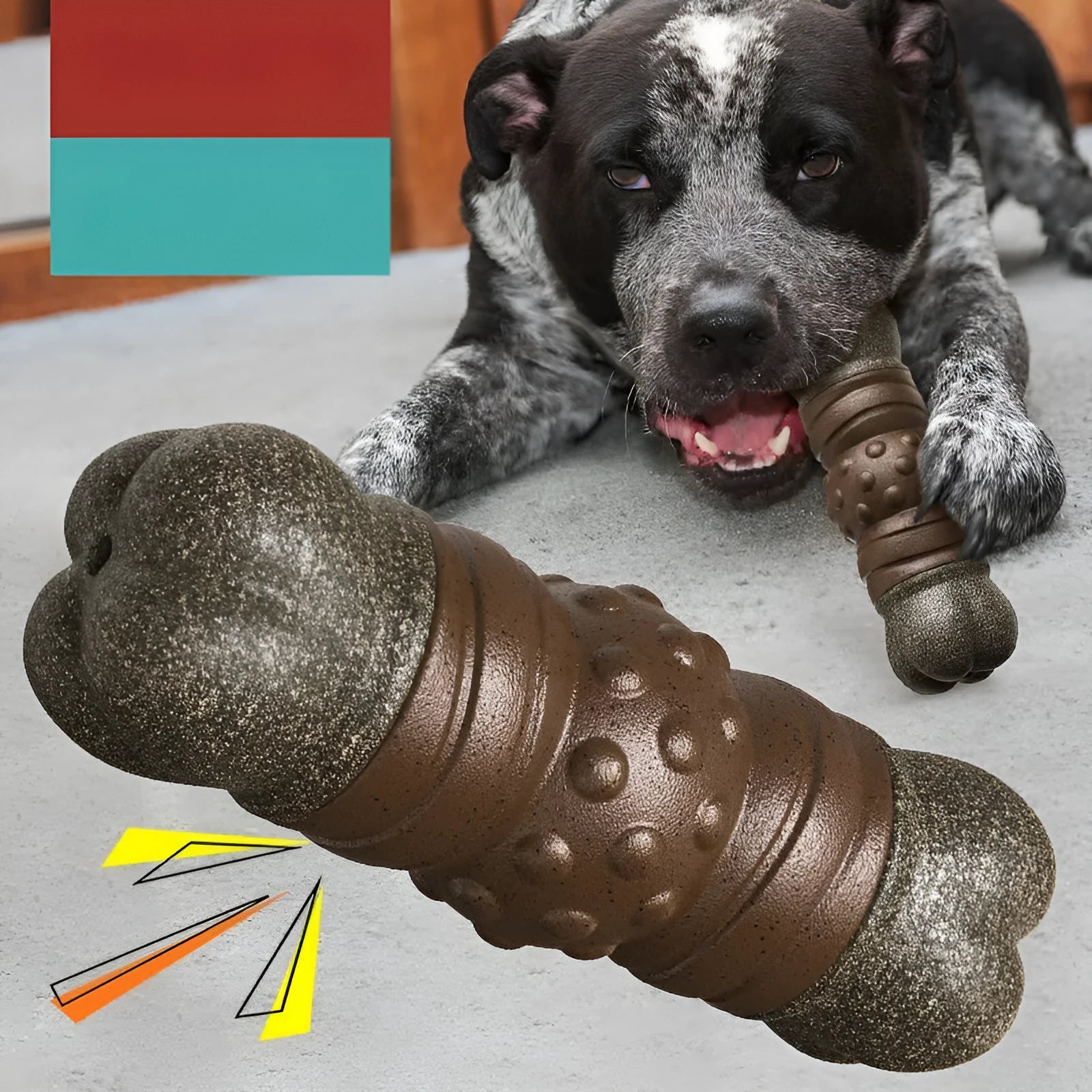 Wood colour plastic bone-shaped dog toy with removable dental cleaning rod inserted.