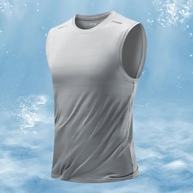 A man's loose-fit sleeveless vest in a solid colour, showing the straight hem and casual style.