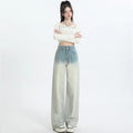Women's gradient blue straight-leg denim trousers with wide leg design on hanger
