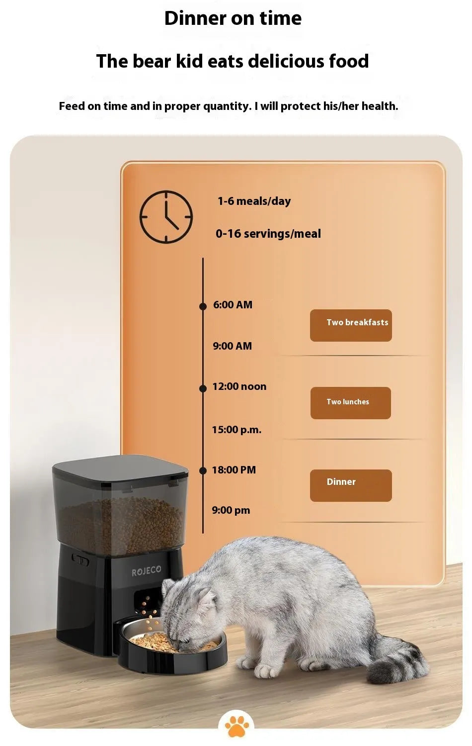 Automatic pet feeder WIFI version black with stainless steel tray and 2L capacity on counter