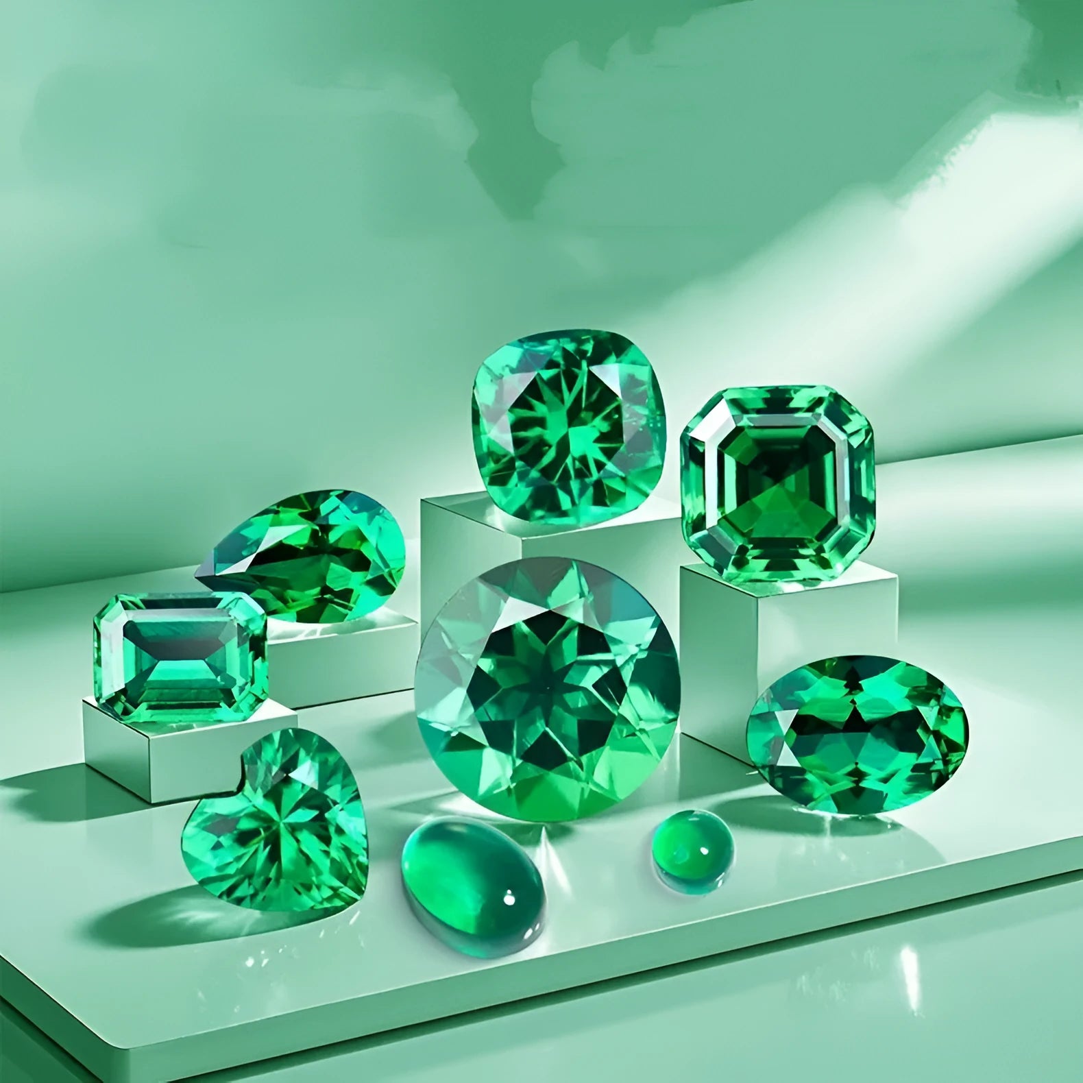 Cultivated emerald gemstone in Columbia green treasure colour showing round and rectangular shape options
