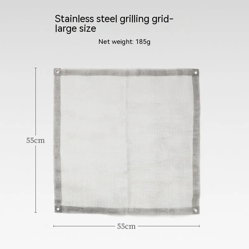 Silver stainless steel barbecue grill with separate grill net shown in large and medium size options