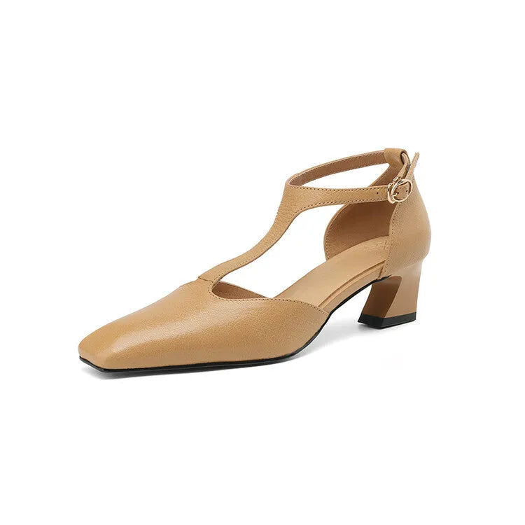 Wine red women's square toe chunky heel shoes with buckle closure, made from sheepskin leather.