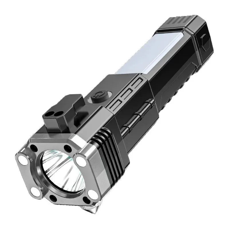 Silver portable LED flashlight with power bank function for outdoor use.