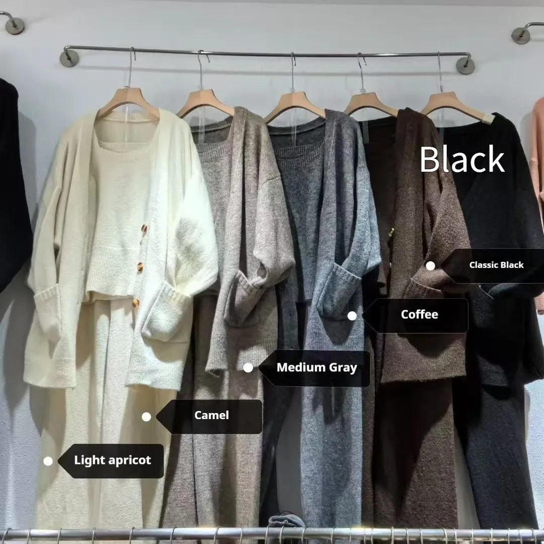 Women's knit three-piece set showing cardigan coat, vest, and suspender trousers in beige colour