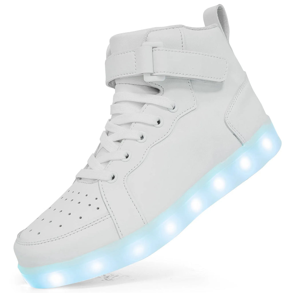 Man and woman wearing black and white high-top LED light-up sneakers with illuminated soles at an event.