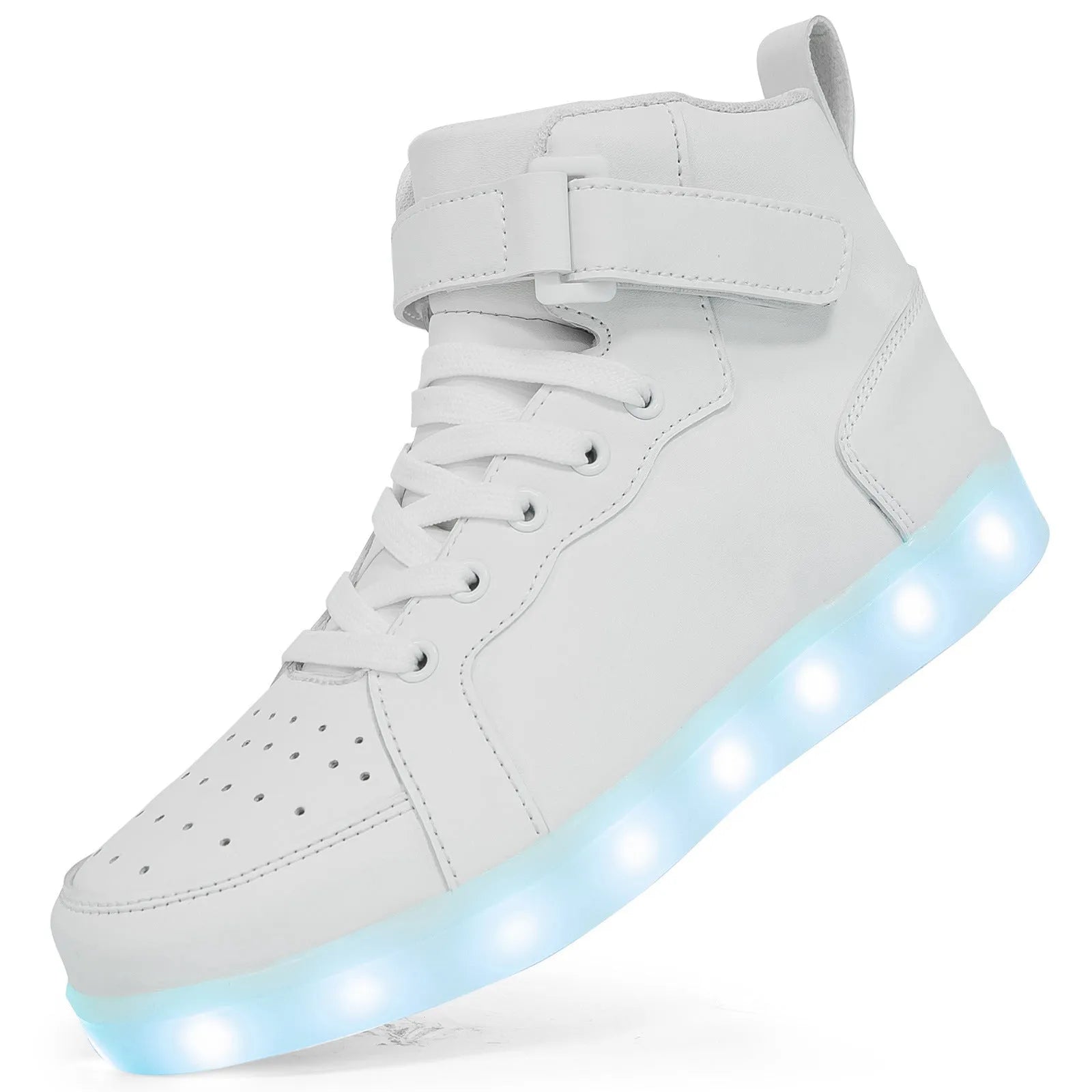 Man and woman wearing black and white high-top LED light-up sneakers with illuminated soles at an event.