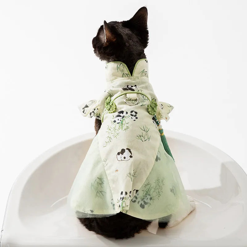 Chinese style panda bamboo leaf cat skirt for hairless cats, woven fabric, tassel dress style