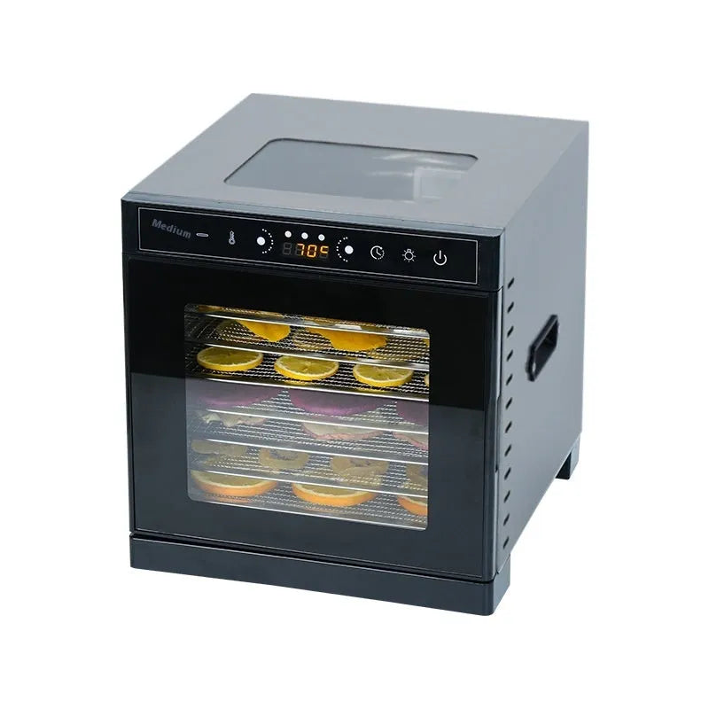 Stainless steel fruit dehydrator with clear viewing skylight and LED control panel