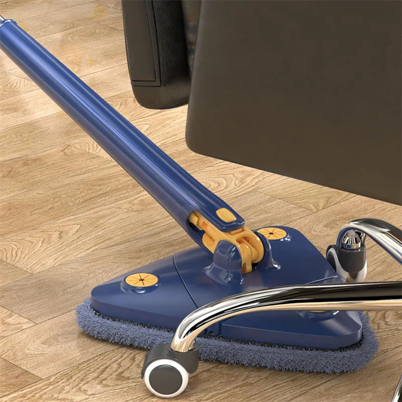 Extendable blue triangle mop with rotating head and long stainless steel pole for cleaning floors and walls.