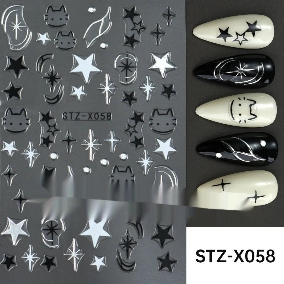 Close-up of a cartoon-style nail sticker with black and silver strips and a love pattern design on a fingernail.
