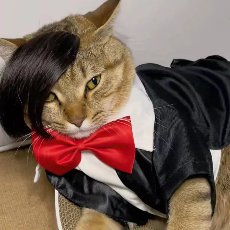 Black imitation braid cat wig with elastic band for pet costume dress up