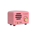 Vintage wood grain finish Bluetooth speaker showing front controls and compact 93x70x59mm dimensions