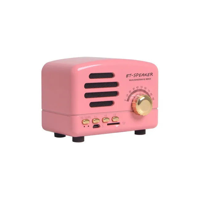 Vintage wood grain finish Bluetooth speaker showing front controls and compact 93x70x59mm dimensions
