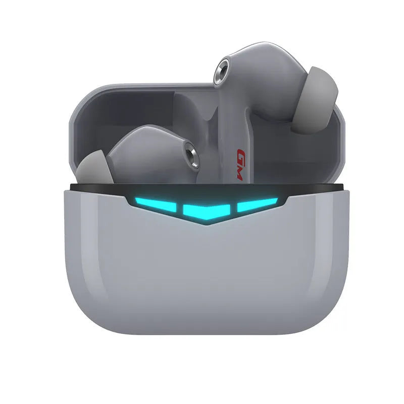 True wireless gaming Bluetooth headset with charging case and multiple earmuff sizes