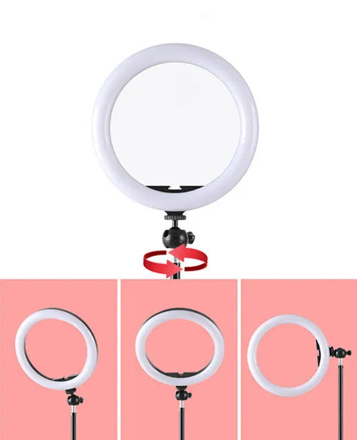 10-inch ring selfie light on 19cm adjustable metal stand with smartphone attached