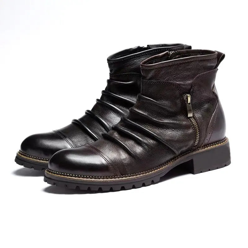 Men's black side-zip cowboy boots with a mid-calf shaft and horseshoe heel on a plain background