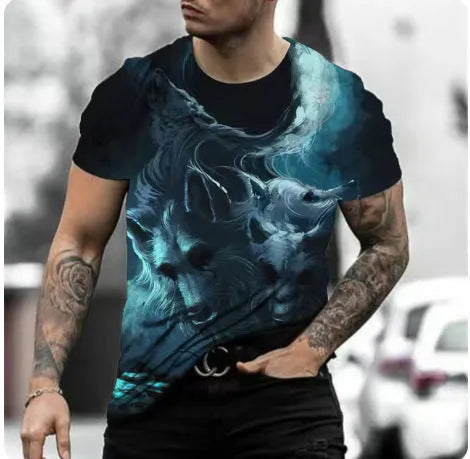 Retro 3D animal print on a men's short-sleeved light blue polyester t-shirt laid flat.